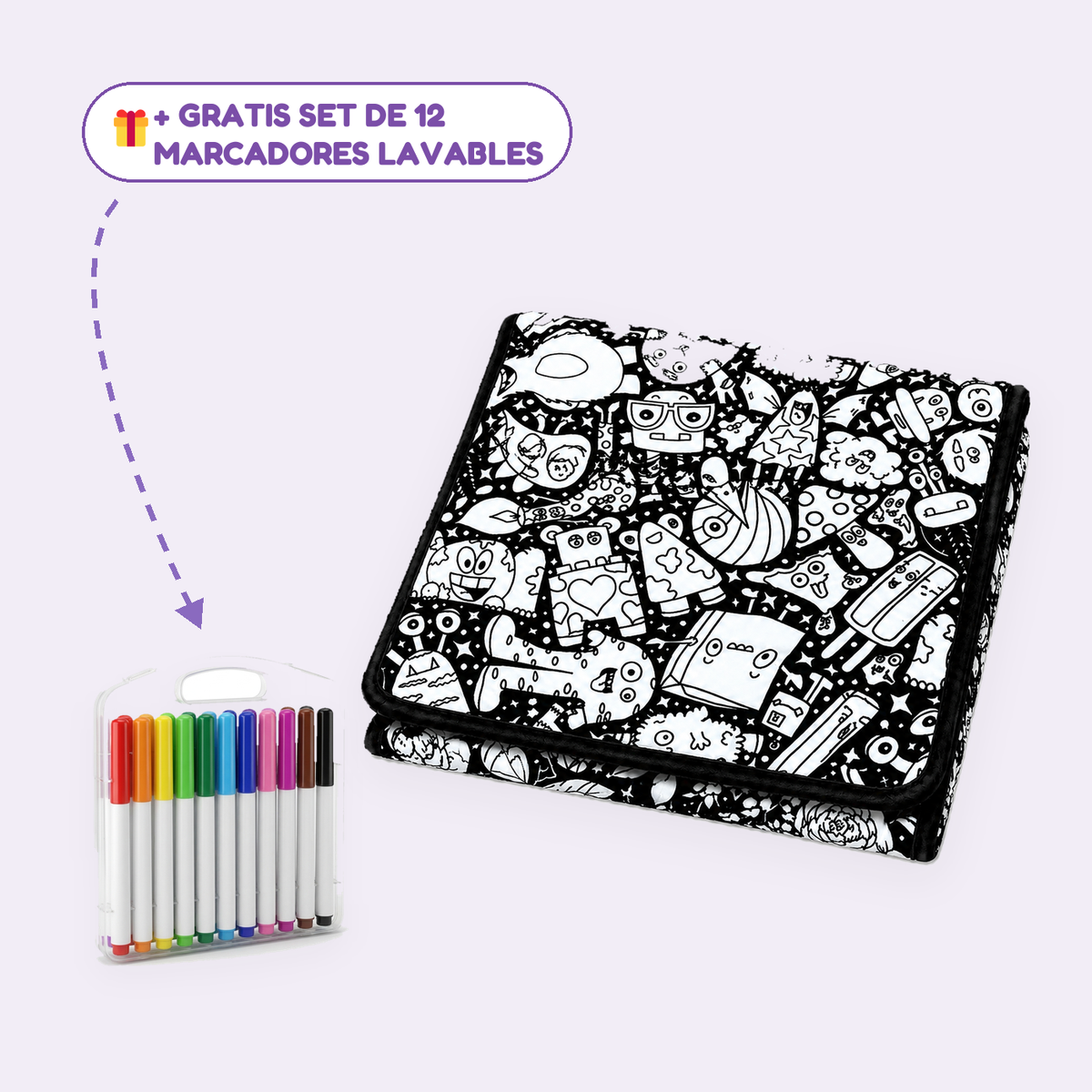 Manta Kolora diseño Monstruos con set de 12 marcadores lavables de regalo